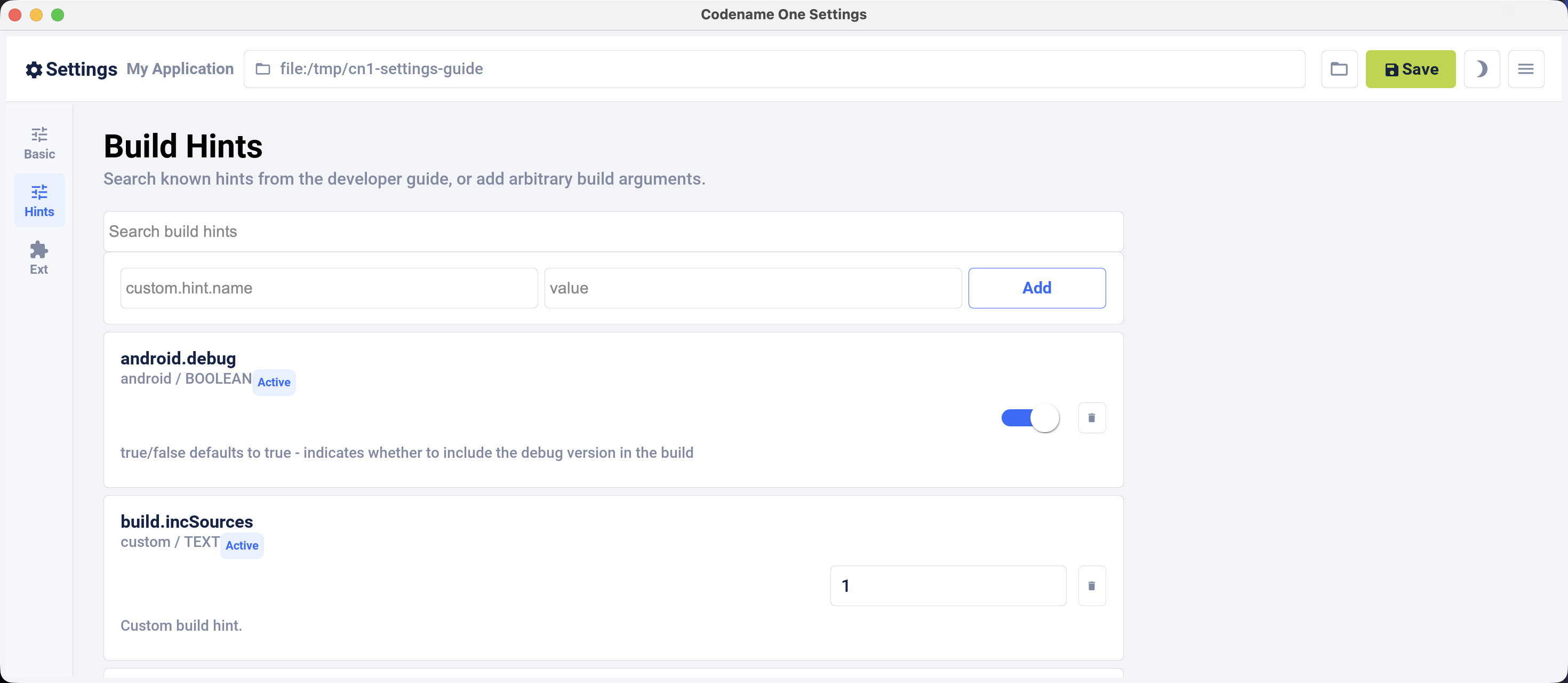 Desktop macOS build hints in Codename One Settings